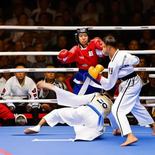 An image showcasing a fierce taekwondo sparring match in progress, with competitors dressed in vibrant doboks, executing precise kicks and punches, while the referee closely observes, emphasizing the rules of fair play and sportsmanship