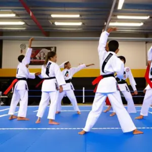 An image capturing the vibrant essence of a Taekwondo dojo, with a group of diverse and enthusiastic teenagers wearing their pristine white uniforms, executing powerful kicks and punches amidst a backdrop of colorful belts and motivational posters