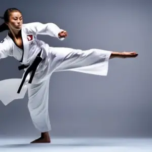 An image capturing the fierce spirit of women in Taekwondo: A determined female athlete, dressed in a white dobok, executing a high kick with impeccable form, shattering a metaphorical glass ceiling